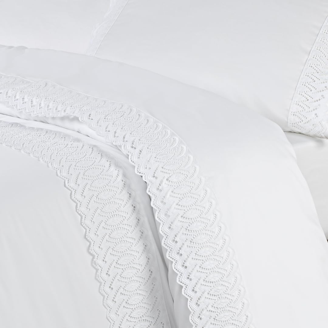 Sábanas Blancas Bordadas para Cama de 150 - Sábanas de Algodón 200 Hilos Elka - Sábana Encimera, Sábana Bajera Ajustable y Funda de Almohada