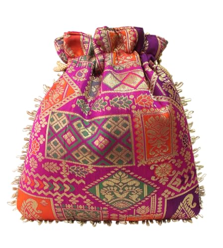 Image of MILAN'S CREATION Patola Potli Banarasi Silk Brocade Bag Purse Drawstring Women's handbag with Pearl Handle & Tassel Weddings (Multicolor- Magenta)