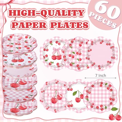 Image of Funnymoom 60 Pcs 7 Inch Cherry Bow Paper Plate Pink Cherries Birthday Decoration She's The Cherry on Top Party Supplies Disposable Scalloped Gingham Dessert Cake Plate for Fruit Baby Shower Party