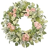 wwmira 22 Inch Eucalyptus Wreath for Front Door, Spring Wreath with Lamb's Ear Leaves & Neutral Pink Daisy Flowers, Artificial Farmhouse Floral Wreath for Outdoor Porch Indoor Home Wall Decor