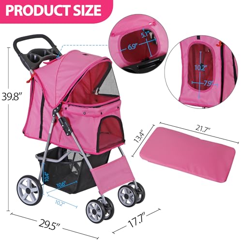 Image of ZENY Foldable Pet Stroller, Cat /Dog Stroller with 4 Wheel, Pet Travel Carrier Strolling Cart with Storage Basket, Cup Holder (Pink)