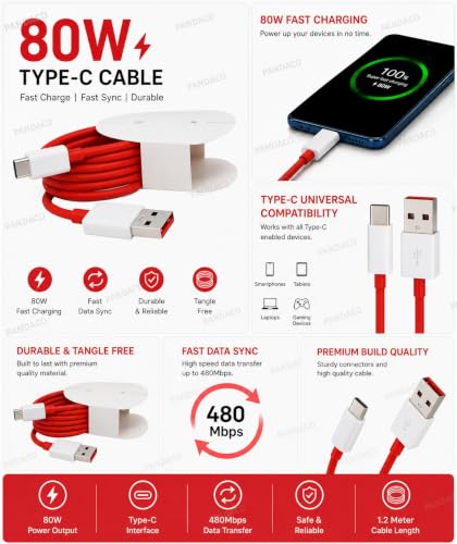 Image of 80W Super VOOC Fast Charger with USB-C Cable, Charging Adapter and Cable Set, USB-C Compatible with White Charger with Red Cable