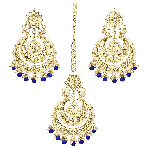 Image of Peora Traditional Jewellery Rhodium Kundan & Pearl Maang Tikka Earring Set for Women Girls