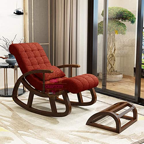 Image of CRAFTCITY Sheesham Wood Elegant Chair with Pillow and Matching Foot Stool /Living Room Chair /Rose Wood Rocking Chair,Pre-Assembled (Brown 1, Rocking Chair with Ottoman)