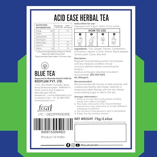 Image of BLUE TEA - Acid Ease Tea - 30 Tea Bags - Plant Based | Relieves Acidity and Gas - Supports Digestion | Tulsi, Ajwain, Black Pepper, Bay leaf | Caffeine Free - Herbal Tea | Ziplock Pack
