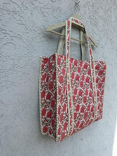 Image of Quilted Cotton Hand printed Reversible Large multicolor cotton Tote Bag,Indian Handmade Block Printed Tote Bag Women Handbag