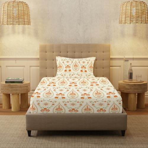 Image of Urban Space Serene 200 TC 100% Cotton Floral Bedsheet For Single Bed With 1 Pillow Cover, Single Bedsheet (Persian-Courtyard Buttercream, Size 58 X 90 Inches)