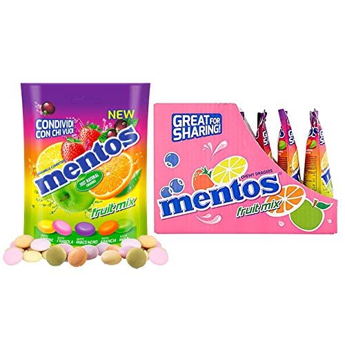 Mentos Fruit Mix, Caramelle Confettate, Gusto Limone, Fragola, Ribes Nero, Arancia, Mela Verde, Confenzione con 7 Buste Richiudibili, Formato Pratico e Comodo da portare Sempre con Te