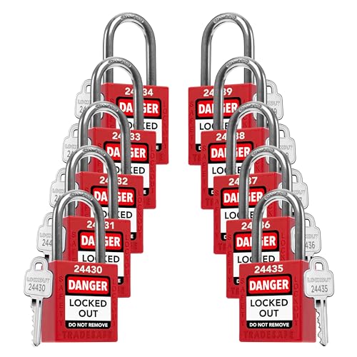SMB-189 - High Voltage Safety - Lockout / Tagout & De-Energizing & Energizing Procedure - New Flyer Xcelsior 4 TRADESAFE Lockout Tagout Locks Set - 10 Red Loto Locks, Lockout Locks Keyed Different, 1 Key Per Lock, OSHA Compliant Lock Out Tag Out Padlocks, Safety Padlocks for Electrical Lockout Tag Out Kits