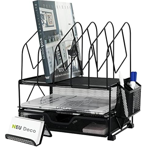 Neudeco Desk Organizer, Mesh Double Tray Organizer with Sliding Drawer, 5 Upright Sections, Pen Holder, Business Card Holder, Black Cover
