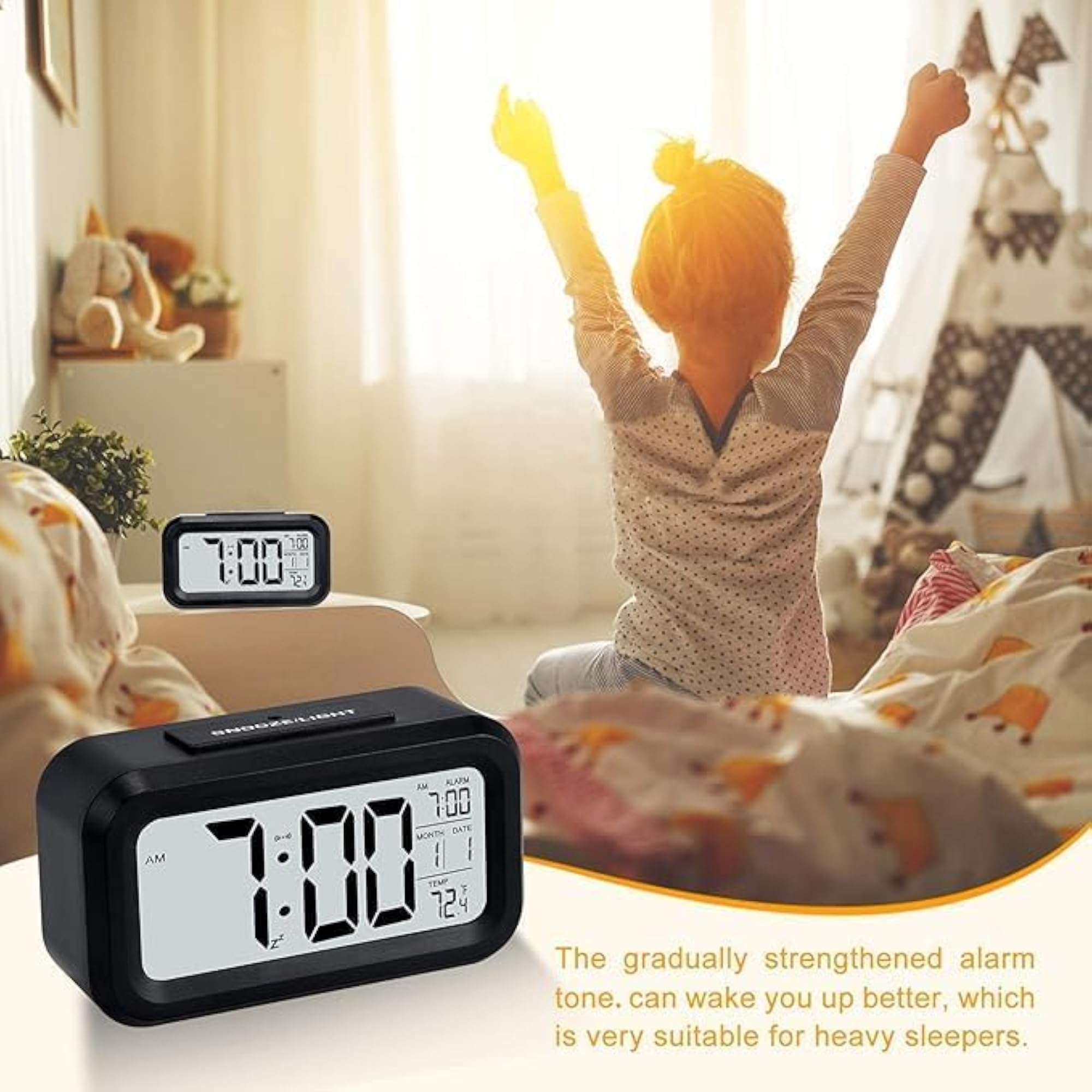 Compact Digital Alarm Clock with Date and Temperature Display