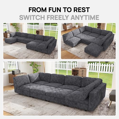 Image of 128 inch Modular Sectional Chenille Sofa bed with Hidden Storage, Comfy Modern 8 Seater Oversized Deep Seat Couch, Modular Sectional with Ottoman and Removable Cover for Living Room, Apartment, Gray