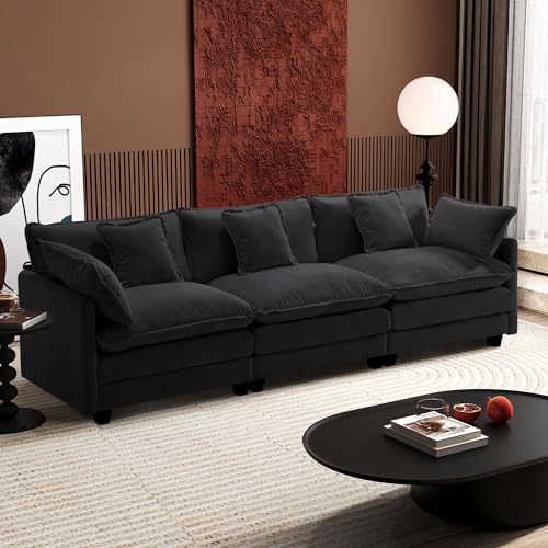 Image of Ihanherry 111.4 Inch 3-Seater Cloud Sofa, Modular Sectional Couch, Modern Deep Seat Sofa for Living Room, Comfy Double Layer Upholstered Seat Cushion, Breathable Chenille Fabric, Black