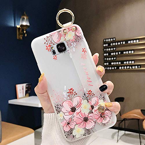 Robinsoni Case Compatible with Samsung Galaxy S8 Semi-Transparent Floral Flower Pattern Cover for Girls Women TPU Silicone Wrist-Band & Mental Ring Case Glitter Floral Cover Shockproof Bumper Case