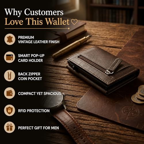 Image of Slim Leather Card Holder Wallet, Black, RFID Blocking, Zipper Pocket, Pop-Up Card Ejector (Brown)