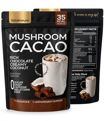 Mushroom Cacao Organic Powder Sugar Free - 1250mg Multi-Collagen Peptides Blend Reishi Chaga Magnesium L-Theanine Turmeric & Camu Camu 30 Servings (Packaging May Vary)
