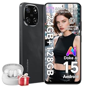 Blackview Color 6 entsperrte Mobiltelefone, 24 GB + 128 GB/2 TB, 50 MP + 13 MP AI-Kamera, 5000 mAh/18 W, Dual-SIM-Smartphone, 4G Android 15 Smartphone, 5G WiFi/OTG/GPS, Fingerabdruck/Face ID, Schwarz