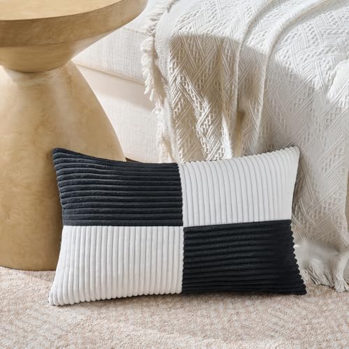 Image of Fancy Homi Set of 2 Black White Long Lumbar Decorative Throw Pillow Covers 12x24 Inch for Couch Bed Sofa, Modern Farmhouse Boho Home Decor, Soft Striped Corduroy Rectangle Accent Cushion Case 30x60 cm