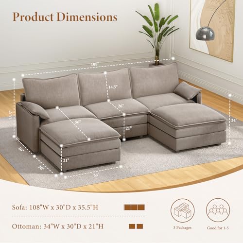 Image of Vesgantti 108 inch U Shaped Modern Cloud Couch, Deep Seat Sectionals, Brown