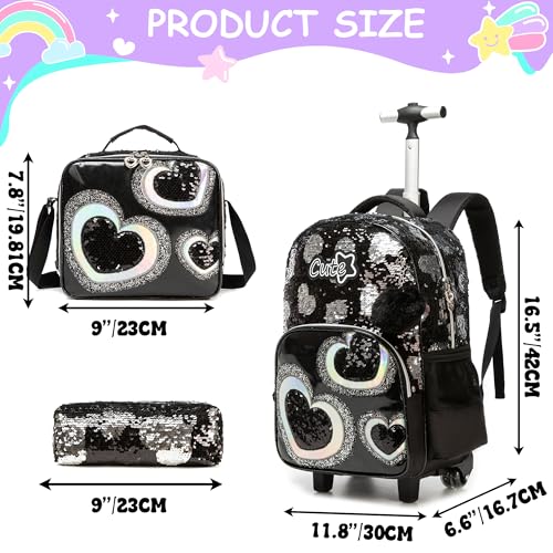 Girls Rolling Backpack Kids Trolley School Bag with Wheels Rolling Backpack for Kids 8-12 Roller Backpacks for Girls Cute Schoolbag with Lunch Bag Set for Elementary2