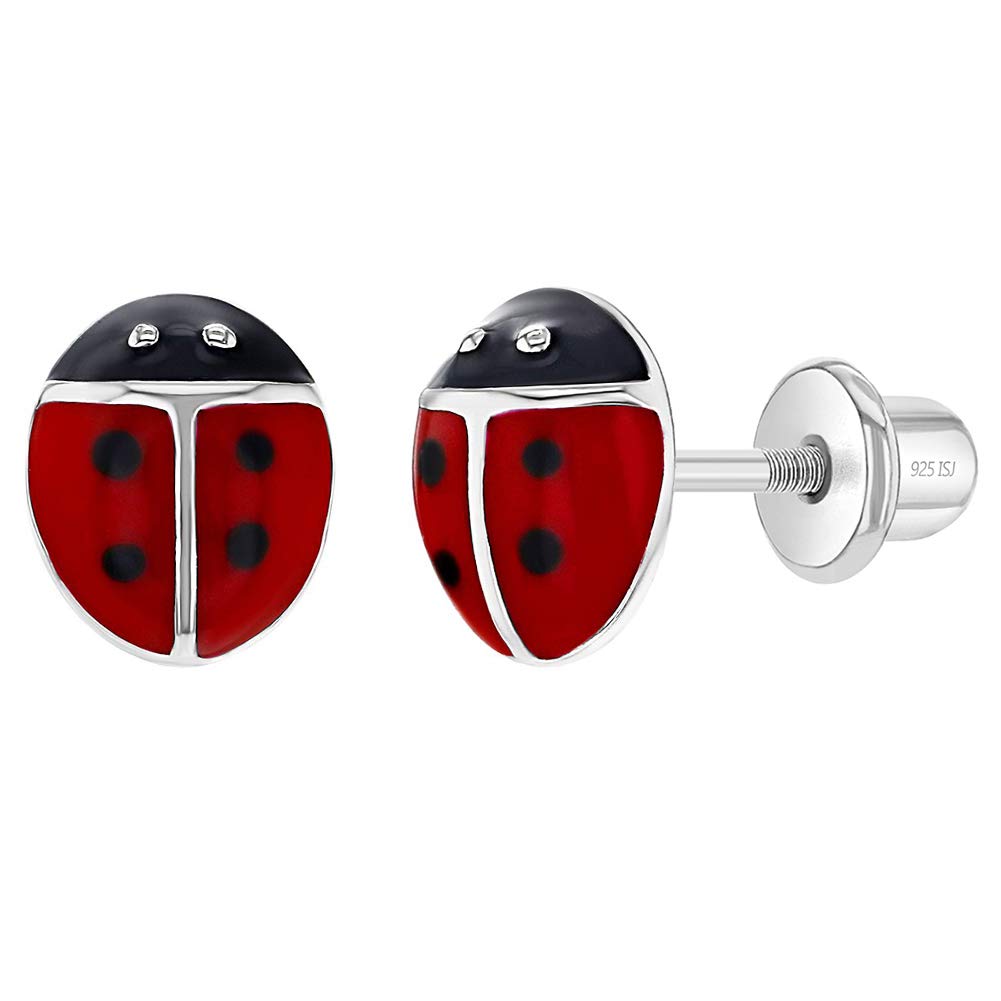 In Season JewelryPlata Fina 925 Pendientes con Cierre de Rosca en Forma de Mariquita Rojo Esmalte de 7 mm Excelente para Niñas Pequeñas, Niñas Pequeñas y amantes de las mariquitas