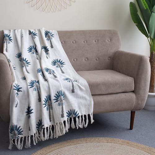 Image of Hand Block Printed 100% Cotton Soft Lightweight Sofa Throw with Tassels - Blue Palm Tree Design Decorative Couch Throws for Living Room, Bed & Travel (White, 50x70 Inches)