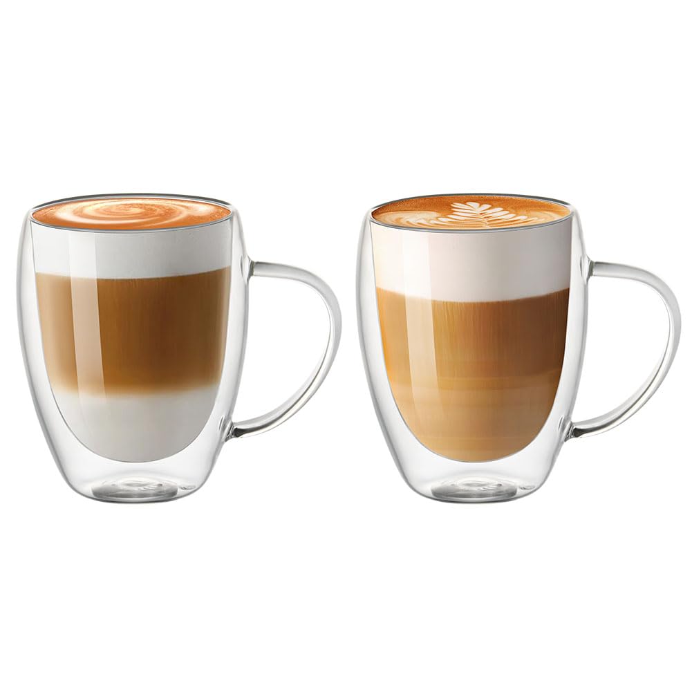 Vicloon Tazza Caffè Doppio Vetro Borosilicato, 2 Bicchieri Espresso Doppia Parete 350 ml, Tazzine di Vetro a Doppia Parete con Manico, Bicchiere Caffè Vetro per Tè, Latte, Cappuccino, Espresso, Succo