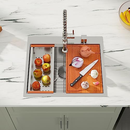 25 Drop In Kitchen Sink Workstation - Dcolora 25 Inch Stainless Steel Topmount Kitchen Sink With Ledge Round Corner X Grooves Wood Cutting Board 16 Gauge Single Bowl Utility Laundry Sink Basin #TOP2