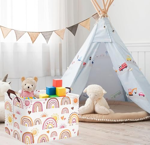Image of Rectangle Storage Basket Cute Canvas Organizer Bin for Pet /Children Toys, Books, Clothes Perfect for Rooms /Playroom (Rainbow)