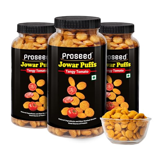 Image of Proseed Jowar Puffs (Tangy Tomato) | 150g x 3 Packs (Total 450g) | Slow Roasted & 100% Veg | No Refined Flour, Sugar & Trans-Fat | Gluten Free | No Palm Oil | Healthy Travel Friendly Millet Snacks