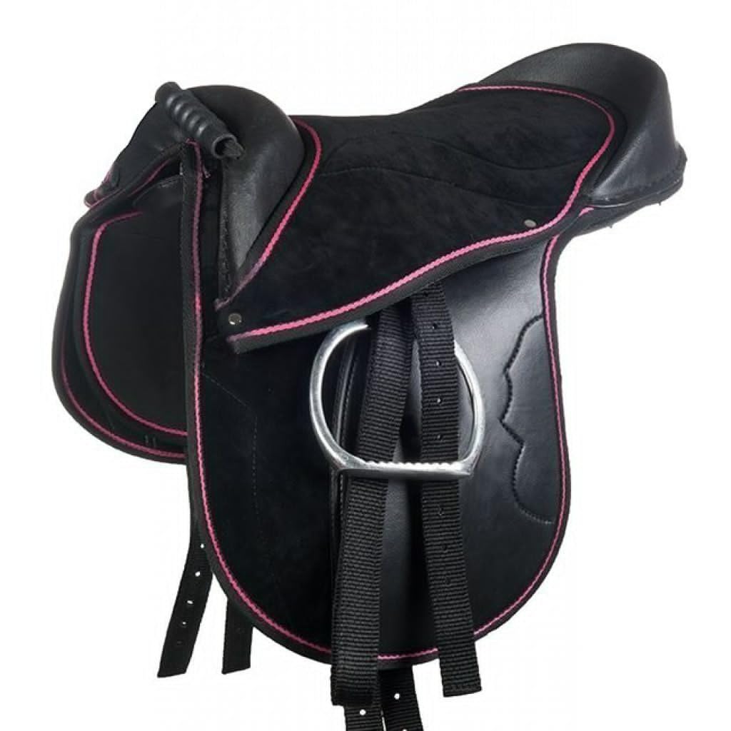 HKM 9384 Funny Horses - Sella Shetty con Archetto per Ginocchia, Colore: Nero/Rosa