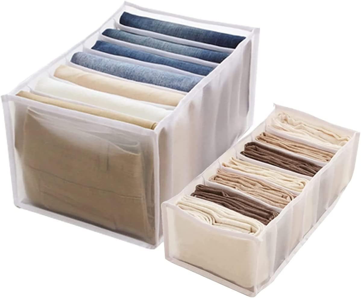 FGFGF 7 Grids Washable Wardrobe Clothes Organizer,Jeans Compartment Storage Box,Foldable Closet Drawer Organizer Clothes Drawer Mesh Separation Box (White, Jeans Grid+Leggings Grid)