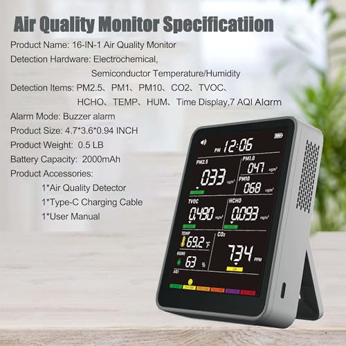 Image of Professional Indoor Air Quality Monitor with AQI Alerts, Portable Real-Time Detector for Home, Car, Plants & Pet (Gray)