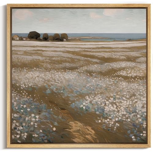 MUDECOR Framed Canvas Print Wall Art Vintage Coastal Landscape with Hay Bales Wilderness Illustrations Modern Art Group Colorful for Living Room, Bedroom, Office - 24"x24" Natural