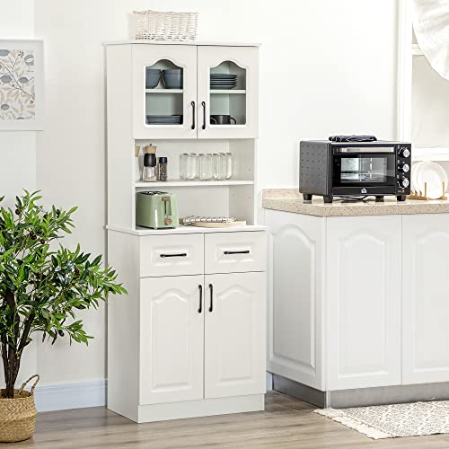 HOMCOM Kitchen Cupboard, Freestanding Storage Cabinet with 2 Adjustable Shelves, 2 Drawers and Open Counter for Living Room, Dining Room, 168cm, White - Image 2