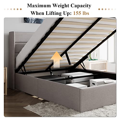 Sha Cerlin Queen Size Lift Up Storage Bed / Modern Wingback Headboard / Upholstered Platform Bed Frame / Hydraulic Storage / No Box Spring Needed / Wood Slats Support / Light Beige #TOP7