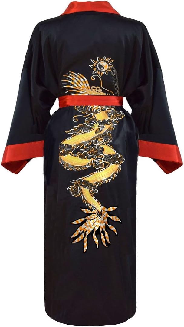 Vestaglia da Uomo Ricamata Giapponese Kimono Reversibile da Notte, Black/Red, M