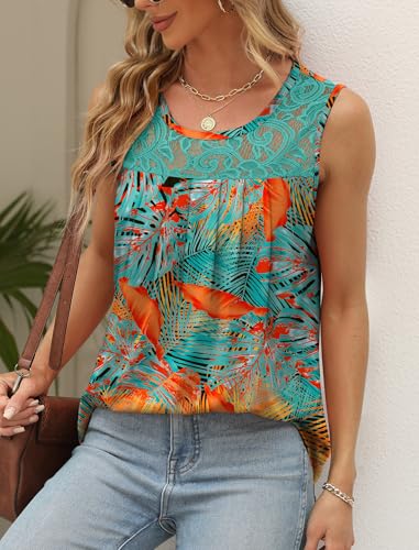 Image of Saloogoe Summer Tank Tops for Women Loose Fit Pleated Tunics Scoop Neck Sleeveless Lace Tops Curved Hem Flowy