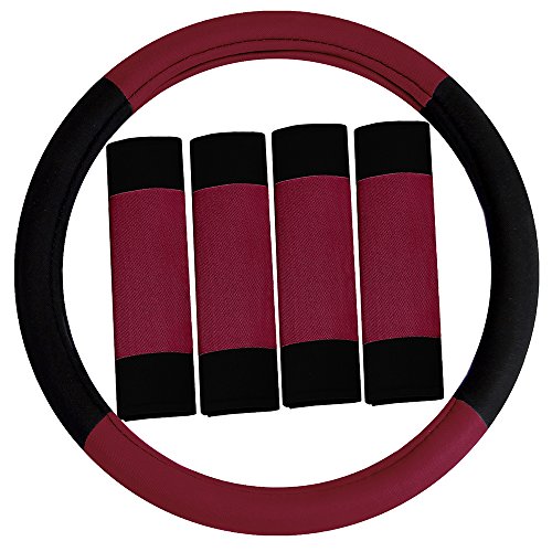 Image of FH Group Universal Fit Modernistic and Seat Belt Pads Combo Set Steering Wheel Cover Fits Most Cars, SUVs Burgundy