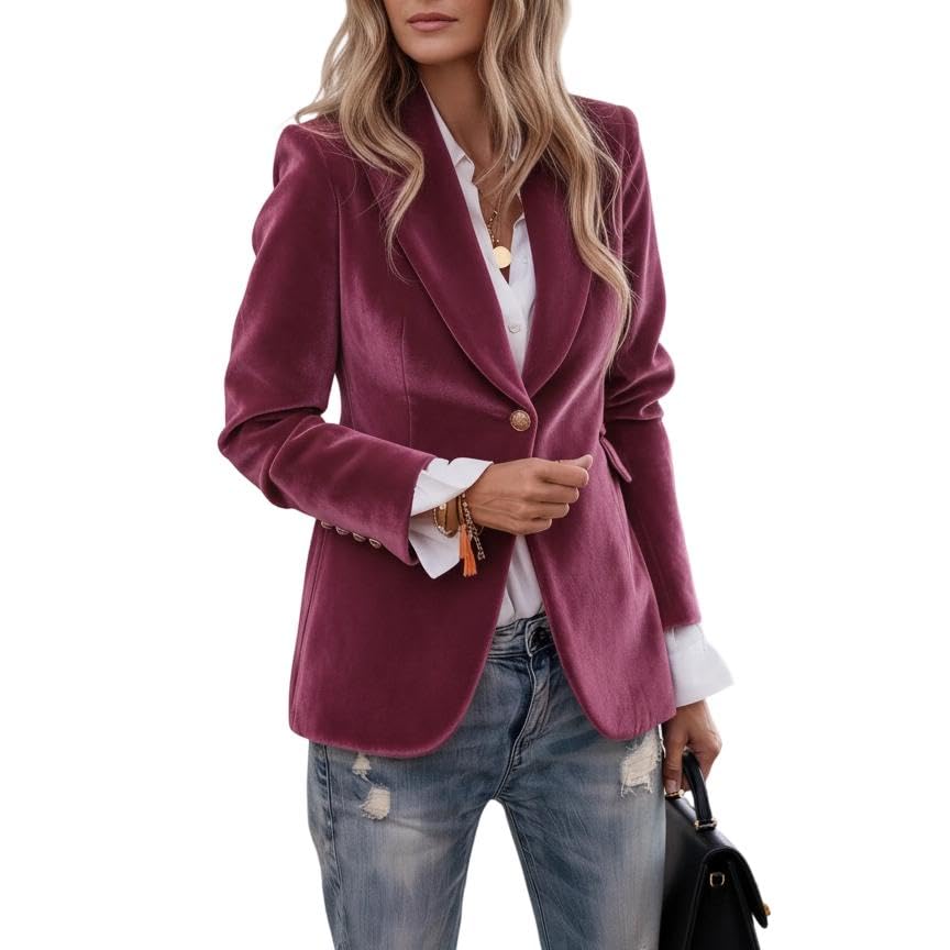 Womens Lightweight Velvet Blazer Jacket Slim Fit Lapel Long Sleeve Jacket Single Button Casual Dressy Outerwear