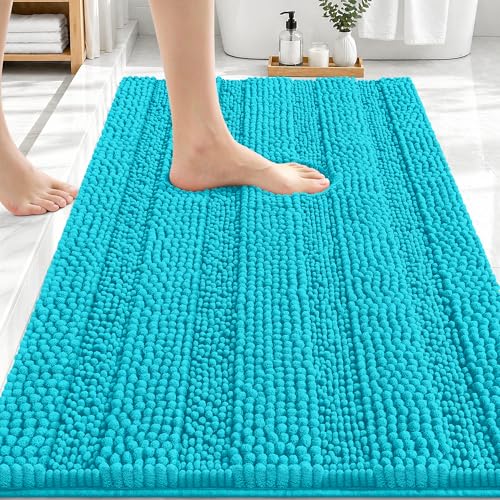 Image of OLANLY Thick Bathroom Rugs 30x20, Extra Soft Absorbent Chenille Striped Bath Rugs, Rubber Backing, Machine Wash Dry, Bath Mats for Bathroom Floor, Tub and Shower, Home Decor Accessories, Aqua Sky