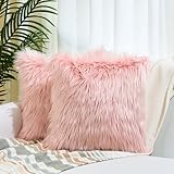 Sioloc Set of 2 Faux Fur Pillow Covers Decorative Pillow Cover Fluffy Throw Pillow Covers Mongolian Luxury Cushion Cover for Christmas Bedroom and Couch(18X18 Inches,Blush)
