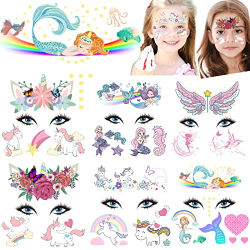 GoldRock Glitzersteine Gesicht, 6 Blätter Temporäre Tattoos Set, Meerjungfrau,Einhorn Tattoo Kinder Mädchen/Jungen, Wasserdicht Gesichtstattoo,Tattoo Set Kinder für Kindergeburtstag, Karneval Schminke