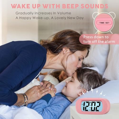 Image of Plumeet Kids Alarm Clock Large Digital LCD Travel Alarm Clocks with Snooze and Night Light - Ascending Sound and Handheld Size - Best Gift for Kids (Baby Pink)