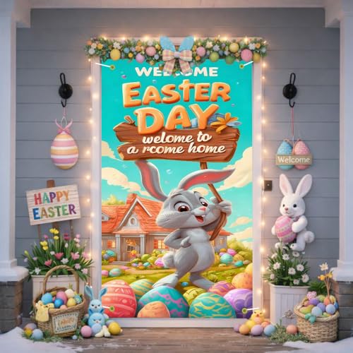 Image of Welcome Easter Door Cover Cute Bunny Banner Cartoon Eggs Spring Front Door Decorations Home Party Outdoor Decor 35.4x71 Inch