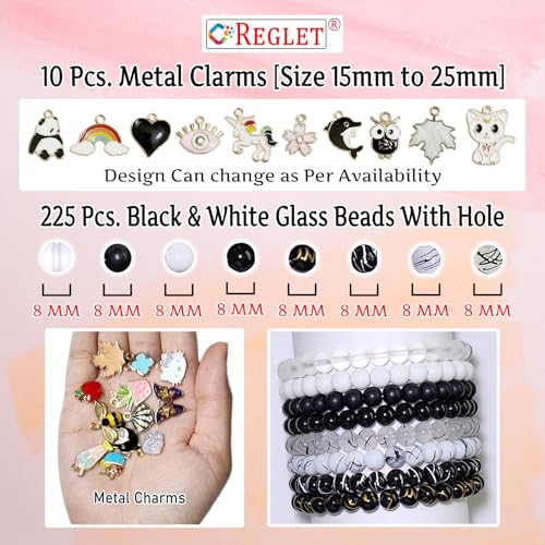 Image of 10 Pcs Charms + 225 Pcs Black & White Glass Beads for Jewellery Making Kit - Glass Beads for Bracelet Making Kit - Bead for Craft (8mm, 160g)