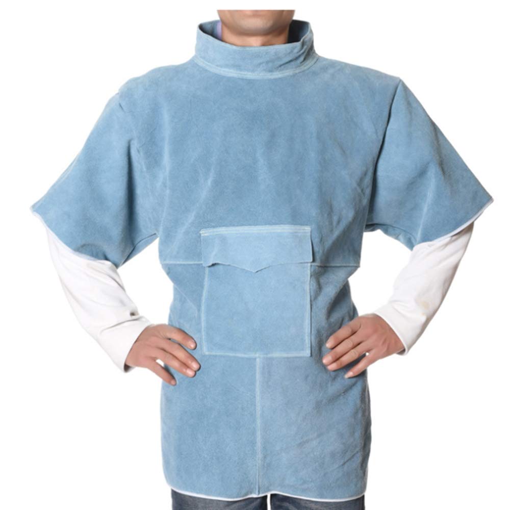 Tablier de soudure en cuir à manches courtes et col haut, XXL, bleu