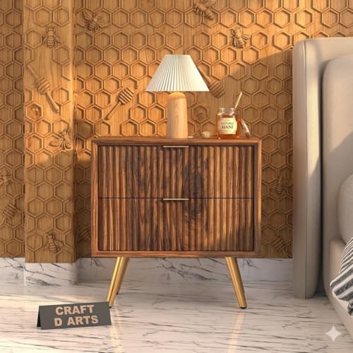 Image of Wooden Bedside Table for Bedroom | HDMR Nightstand with 2 Drawers | Storage Side Table with HDMR Premium Wood Legs for Living Room Hotels | Compact Lamp table Home Decor Furniture | Honey Finish