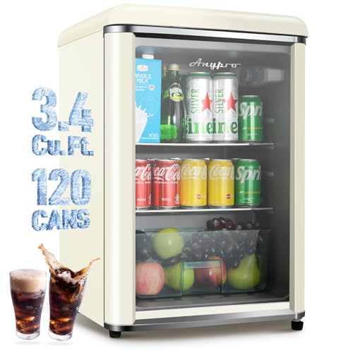 Anypro 3.4 Cu.Ft Retro Small Beverage Refrigerator Cooler with Double Tempered Glass Door, 120 Can Wine Drink Beer Mini Fridge for Office Bedroom Bar with 7 Temperatures, Adjustable Shelves, White