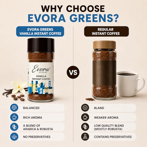 Image of Evora Greens Vanilla Flavoured Instant Coffee | Arabica & Robusta Blend | Smooth Cafe Style Taste | Hot, Cold & Black Coffee | Makes ~50 Cups | 100g Glass Jar